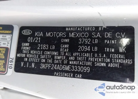 2021 Kia Forte Lxs из США, поврежденный, VIN 3KPF24AD6ME333099